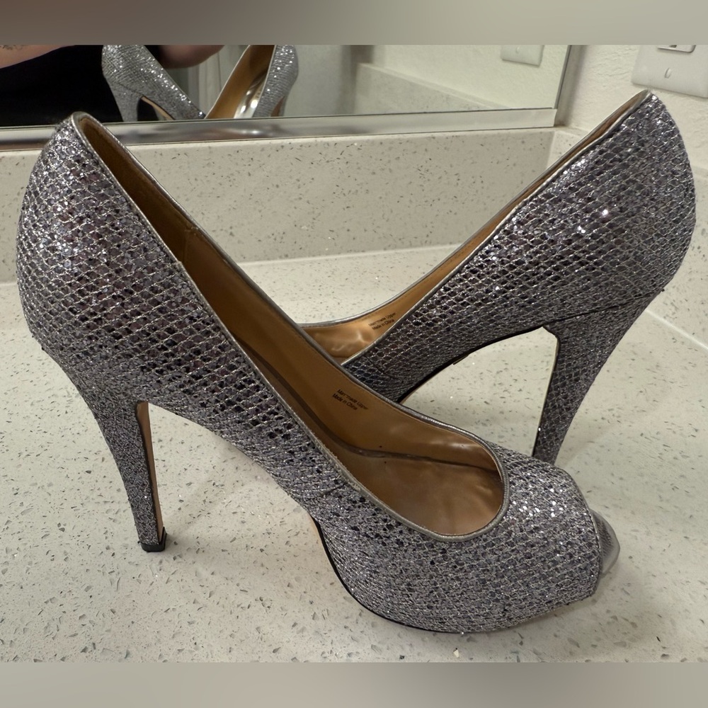 Badgley Mischka Silver Peep-Toe Heels - Size 9